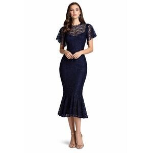 Nicole Bakti 663 2010s Navy Beaded Lace Mermaid Scalloped Flutter Sleeve dress 8
